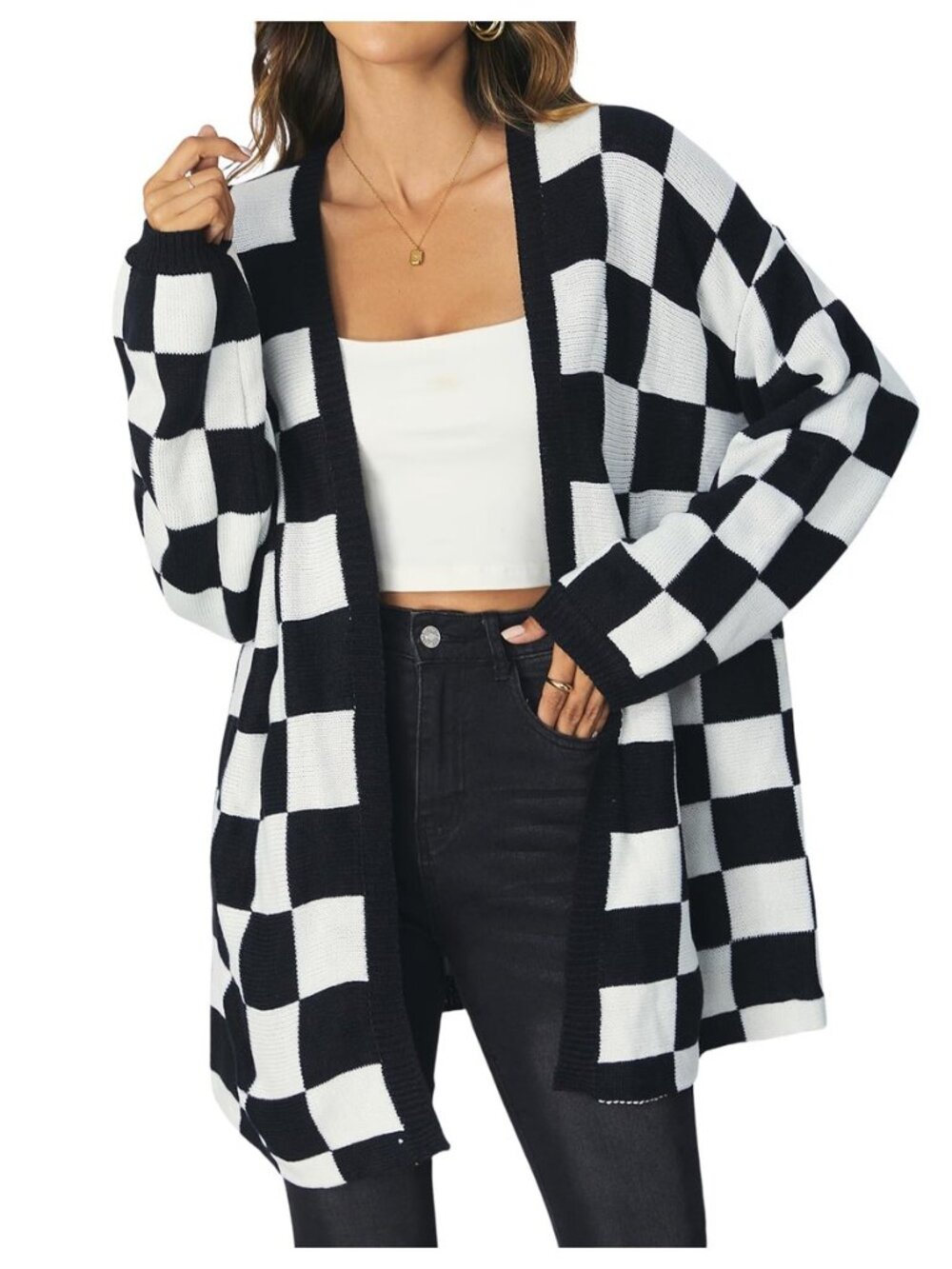 Womens Long Sleeve Oversized Sweater Checkered Cardigan Outerwear